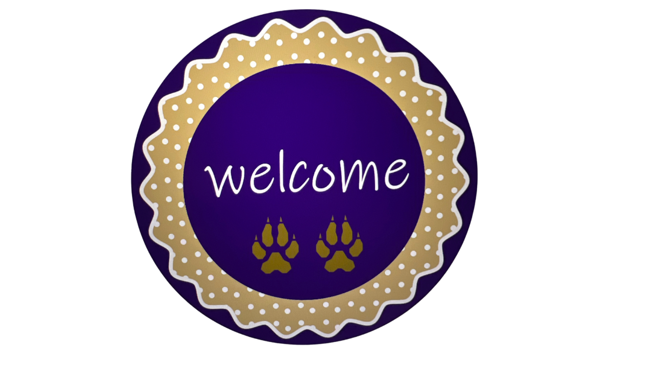 Purple and gold welcome Wolf Paws Round Sign