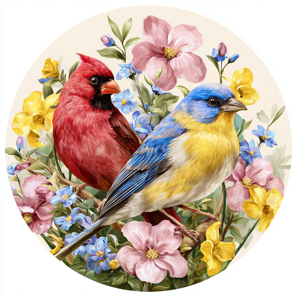 Bluebird and cardinal with florals