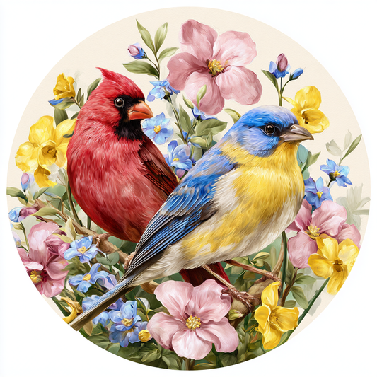 Bluebird and cardinal with florals