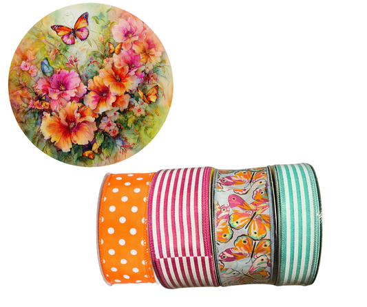Pink and Orange Spring Summer Butterflies Sign and Ribbon Set