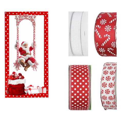 Santa Swinging red and white striped Sign and Ribbon Set