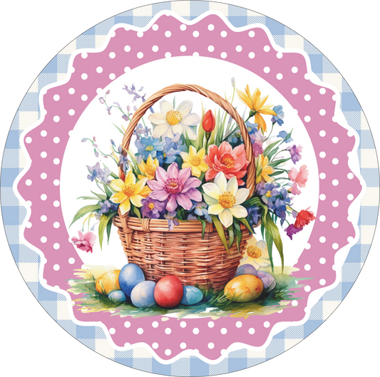 Basket of spring flowers and colored eggs Round