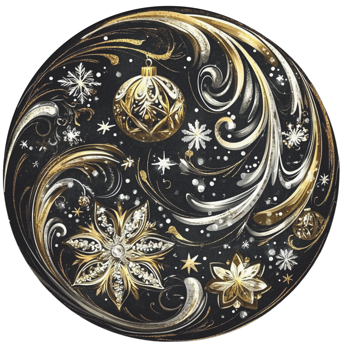 Black and Gold Ornament with gold swirls Round Sign