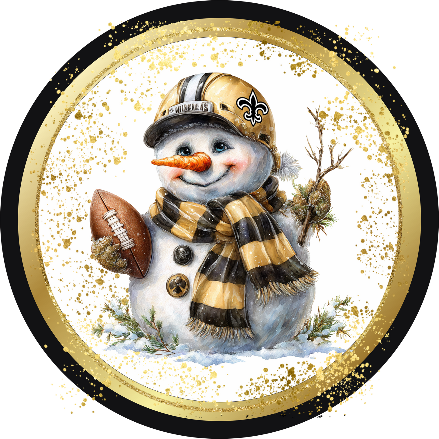 Black and Gold Themed Snowman holding a football Round Sign