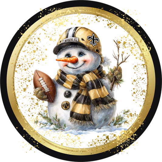 Black and Gold Themed Snowman holding a football Round Sign