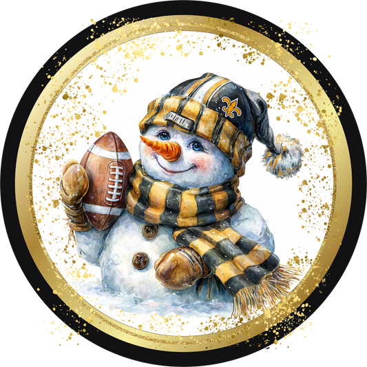Black and Gold Themed Gold Helmet Snowman holding a football Round Sign