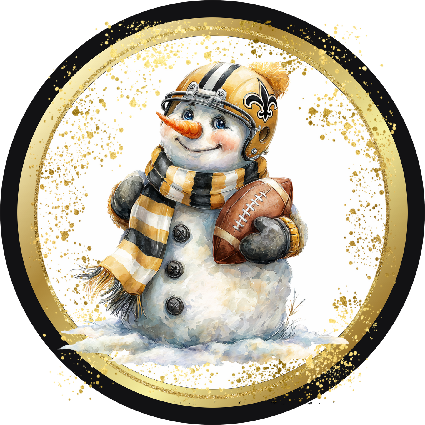 Black and Gold Themed Gold Hat Snowman holding a football Round Sign