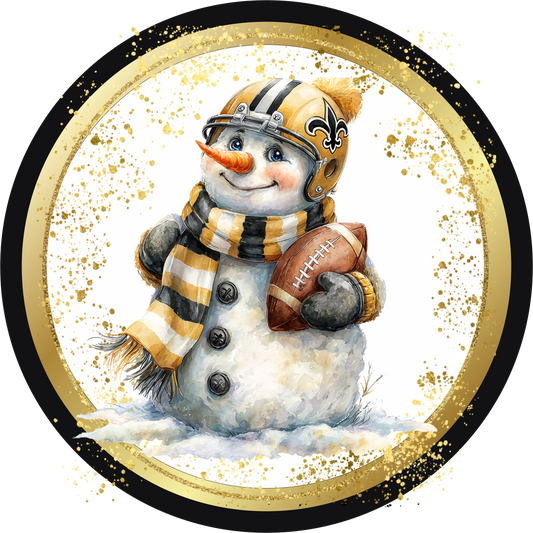 Black and Gold Themed Gold Hat Snowman holding a football Round Sign
