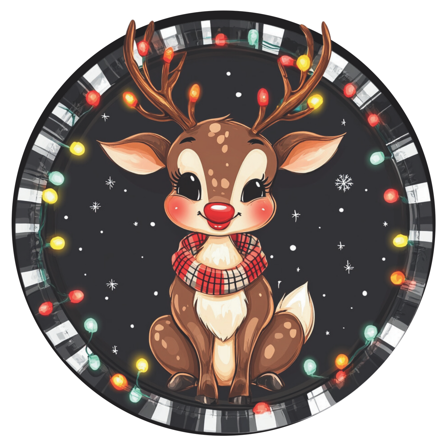 Black and White striped framed reindeer girl with colored lights Round Sign