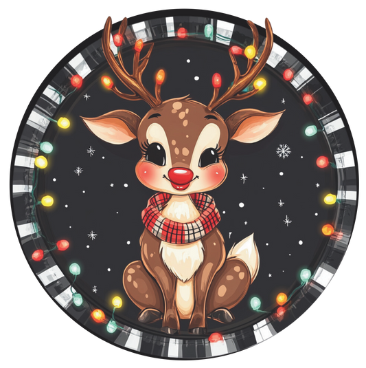 Black and White striped framed reindeer girl with colored lights Round Sign