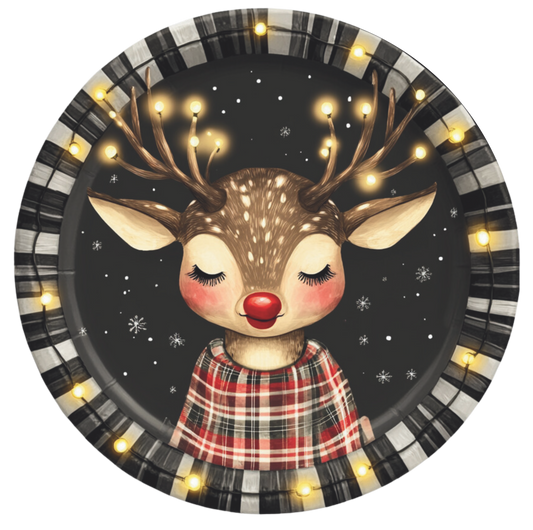 Black and White striped framed reindeer girl in plaid Round Sign