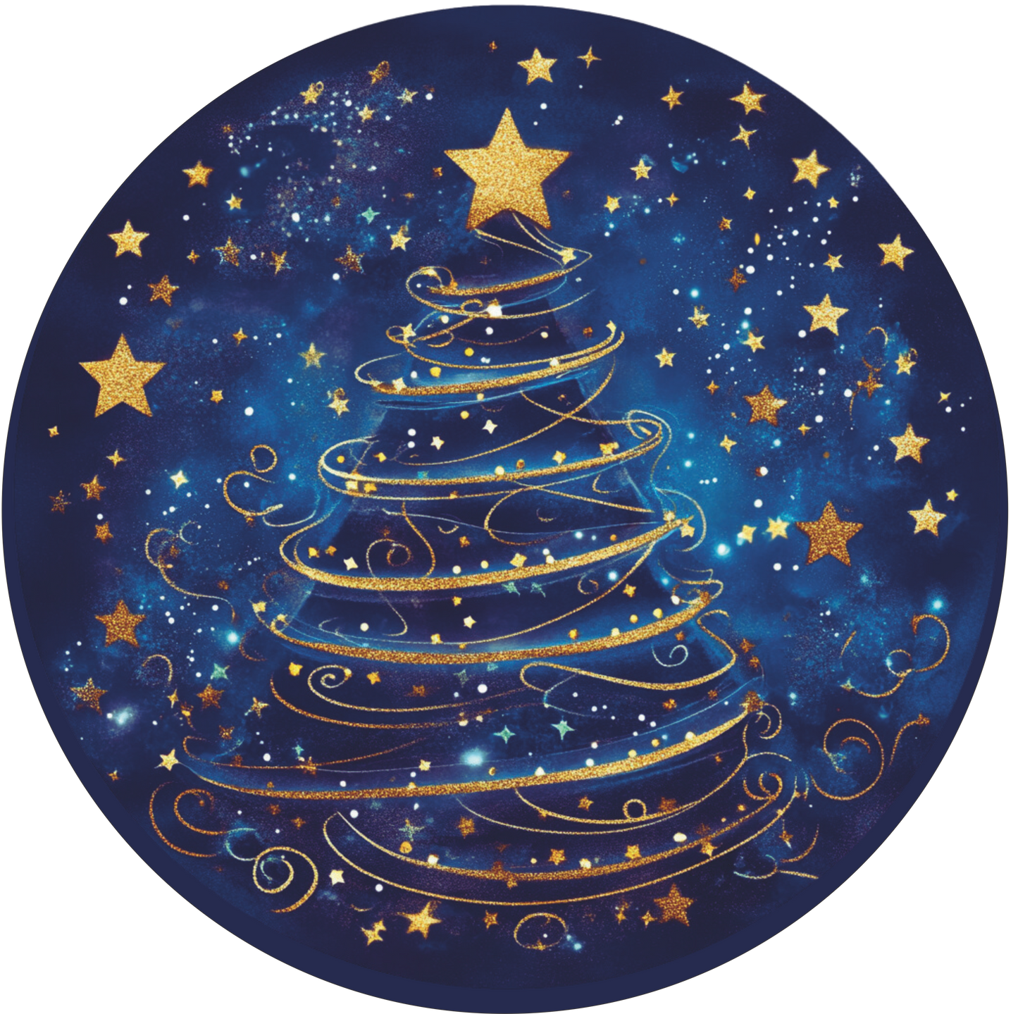 Blue and Gold Christmas trees with stars wreath Sign Round