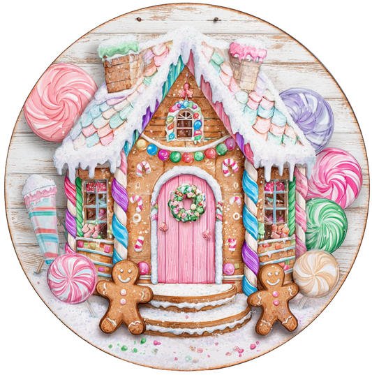 Christmas Candy Gingerbread House Round Sign