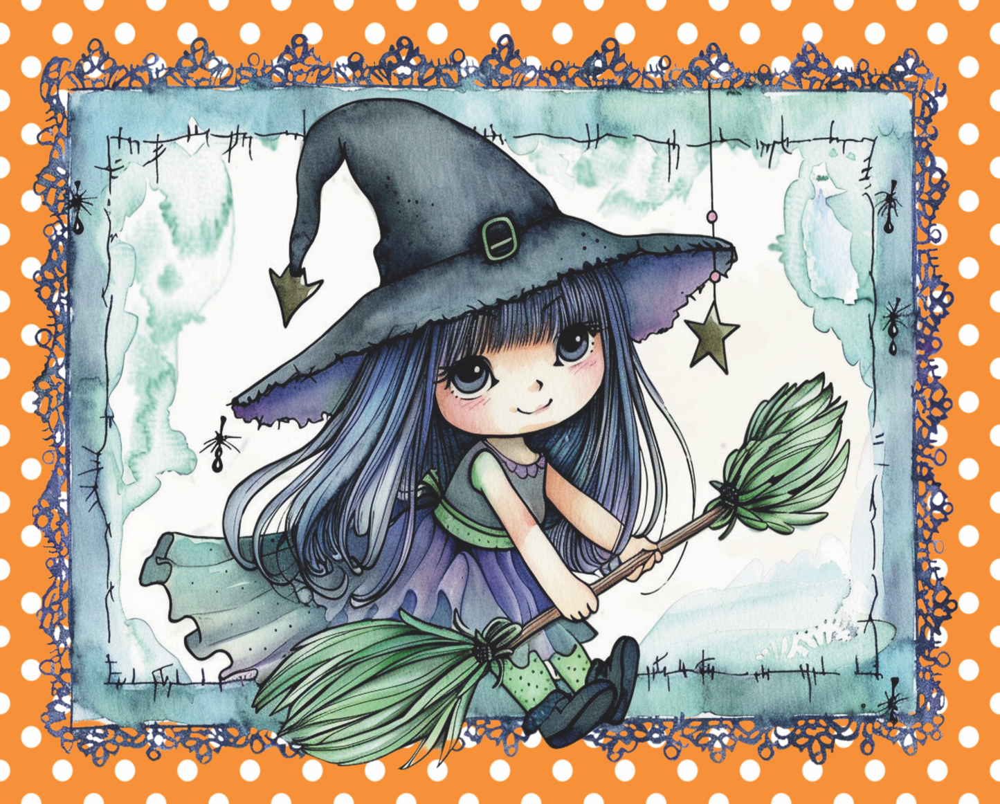 Cute witch flying on a broom 8x10