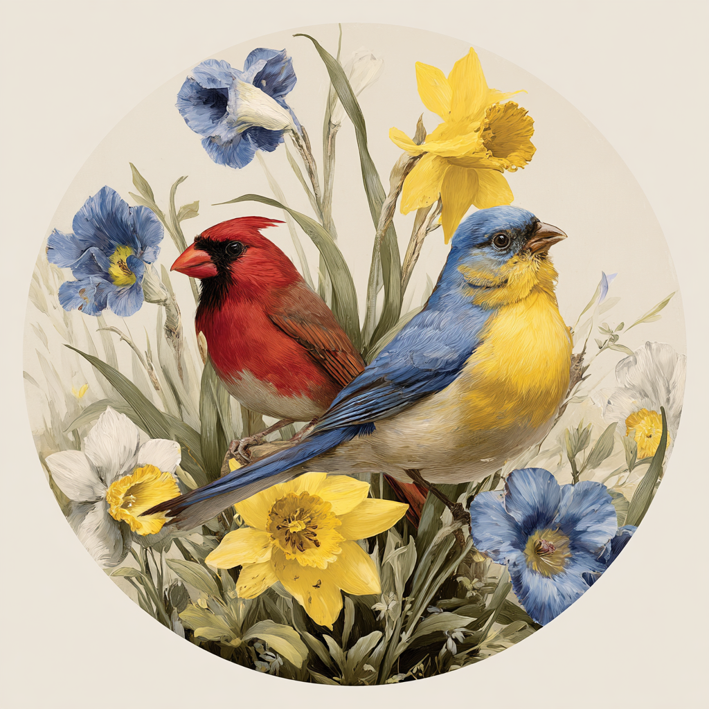 Bluebird and cardinal with yellow and blue florals
