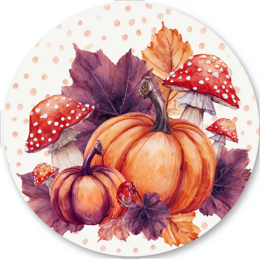 Fall Pumpkin, Mushroom & Leaves Round Metal Sign – Orange & Plum Watercolor Look