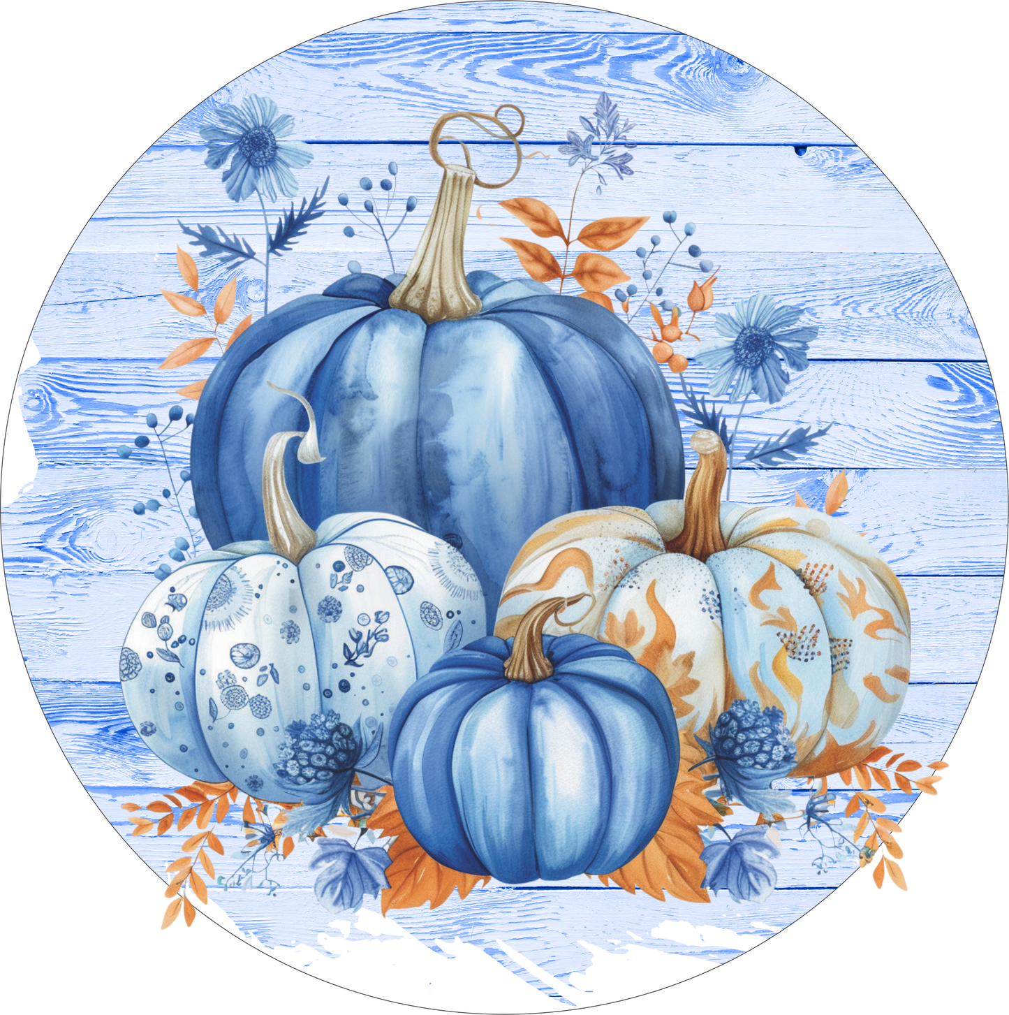 Fall Pumpkins in Blues and orange leaves Sign Round