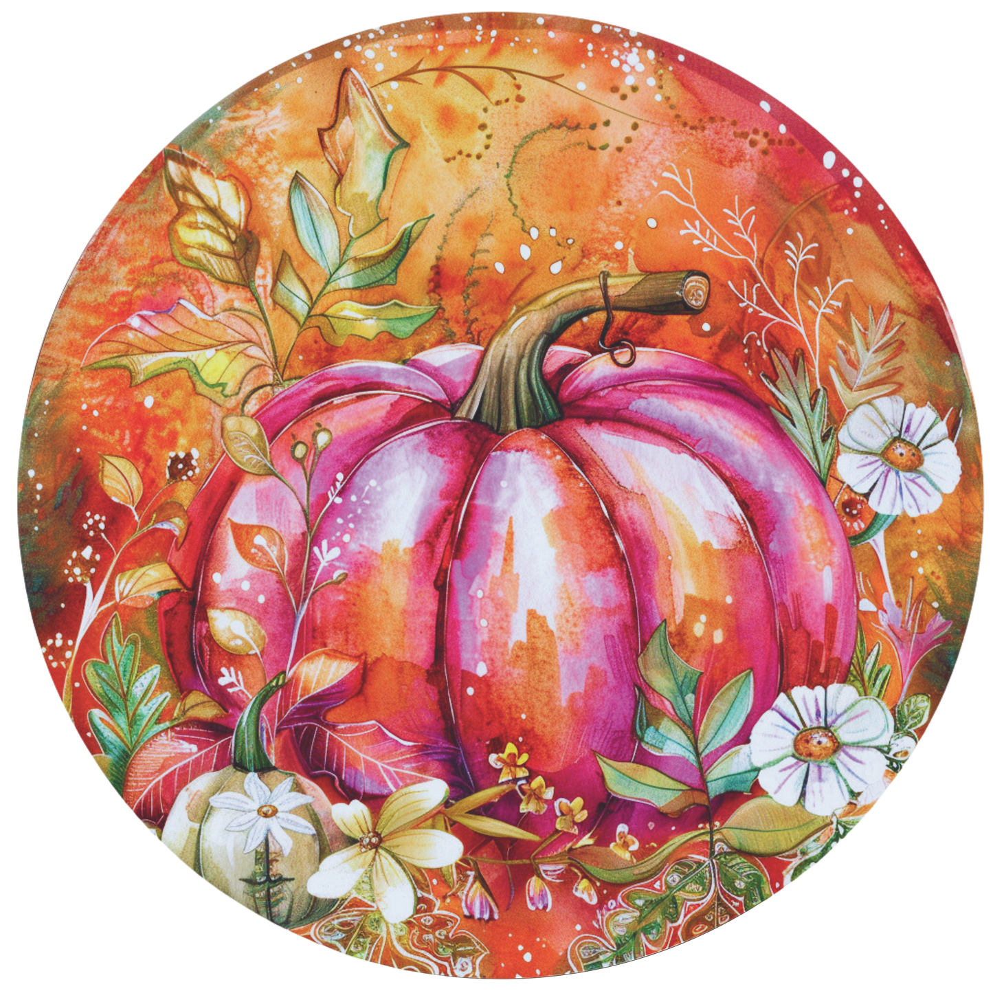 Pink fall pumpkin with orange background and white flowers Sign Round