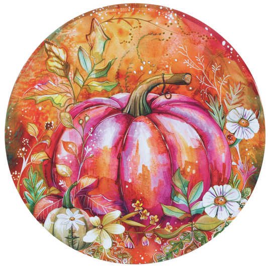 Pink fall pumpkin with orange background and white flowers Sign Round