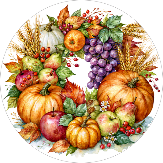 Fall Pumpkin, Florals and Fruit Round Metal Sign