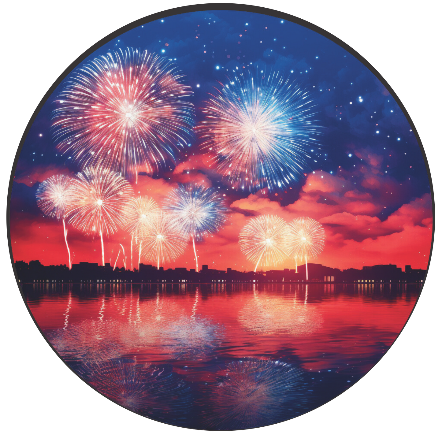 Red and Blue Fireworks on water Round Sign