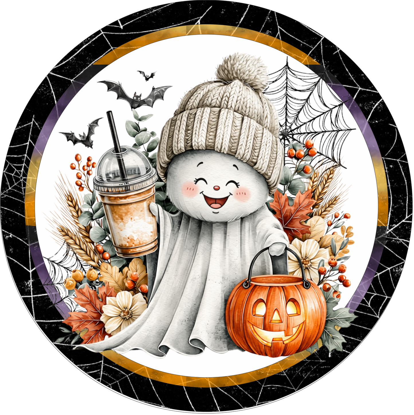 Adorable Ghost with coffee Halloween sign