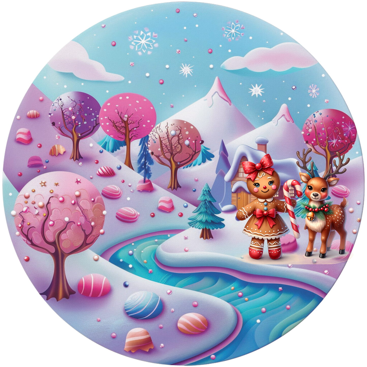 Gingerbread girl with reindeer Candy theme Round sign