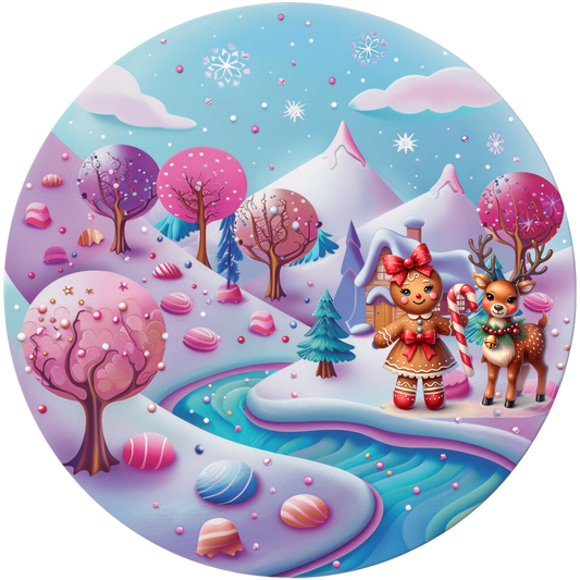 Gingerbread girl with reindeer Candy theme Round sign