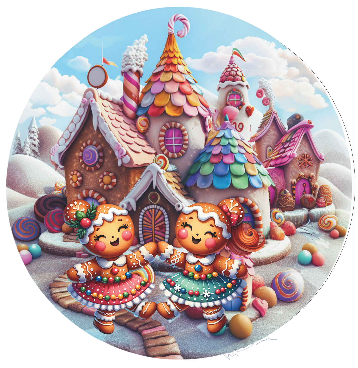 Gingerbread girls playing outside the house Round Sign