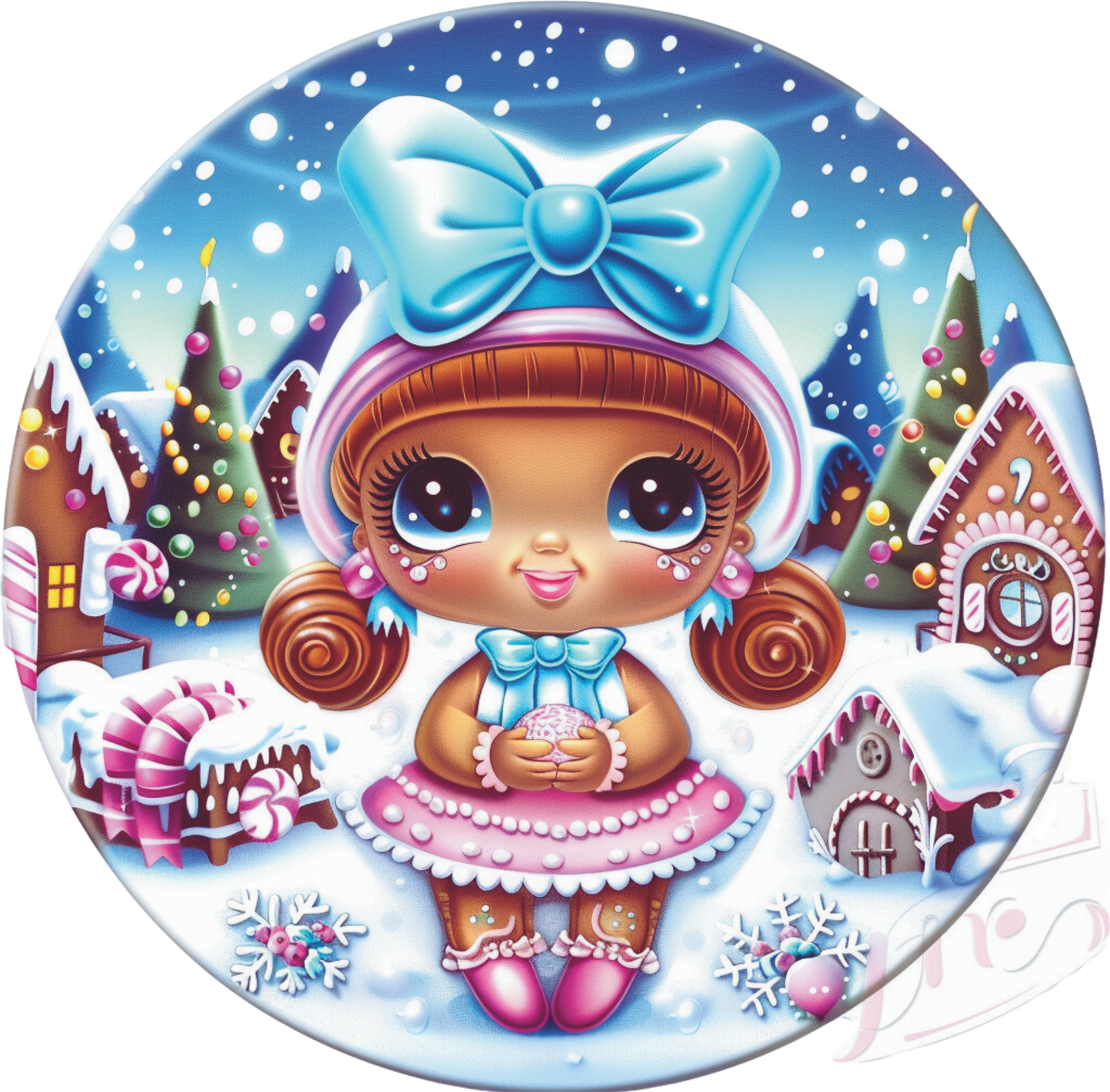 Gingerbread girl with Blue bow candy theme Round Sign