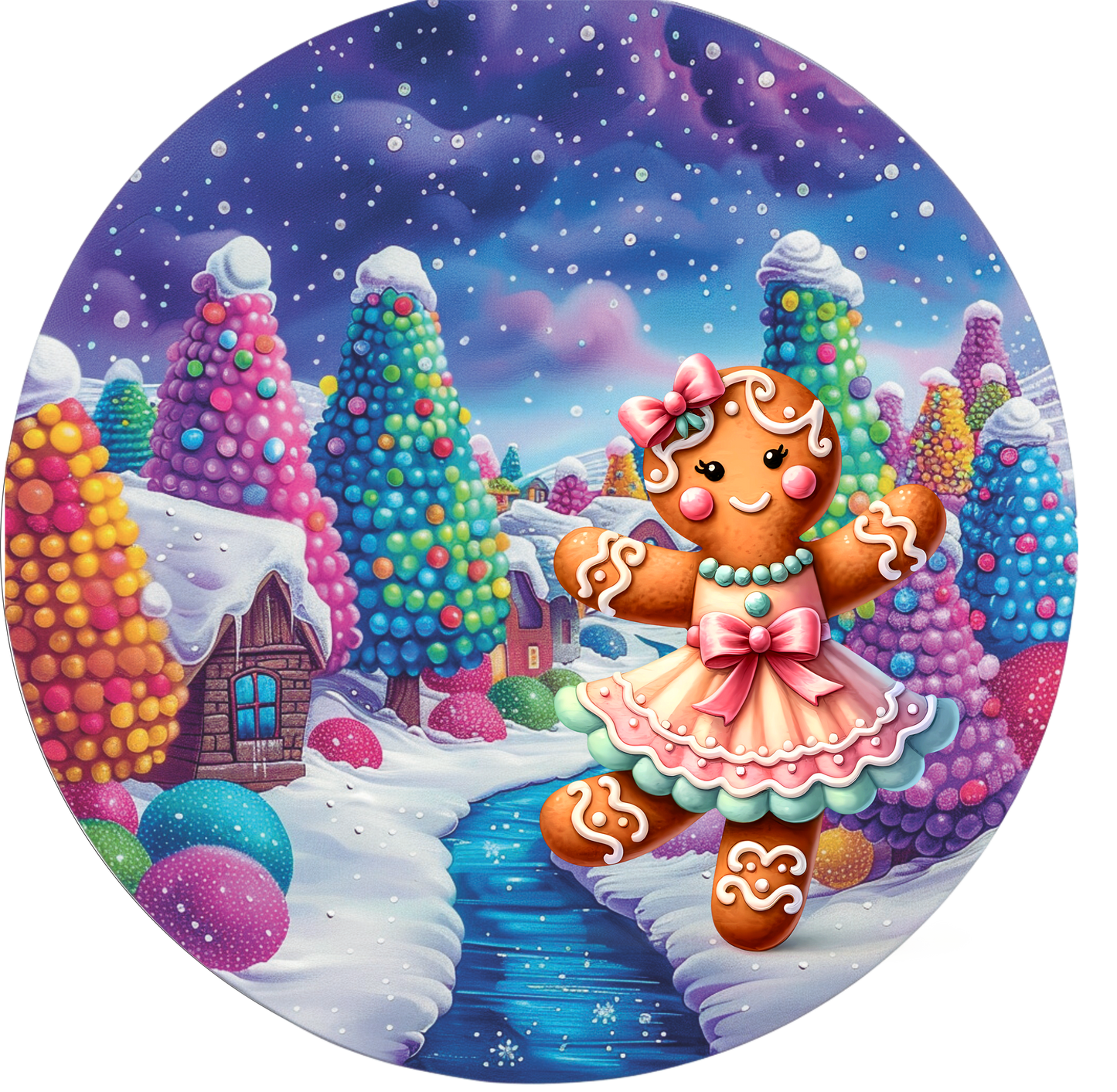 Gingerbread girl with gumdrop trees Round Sign