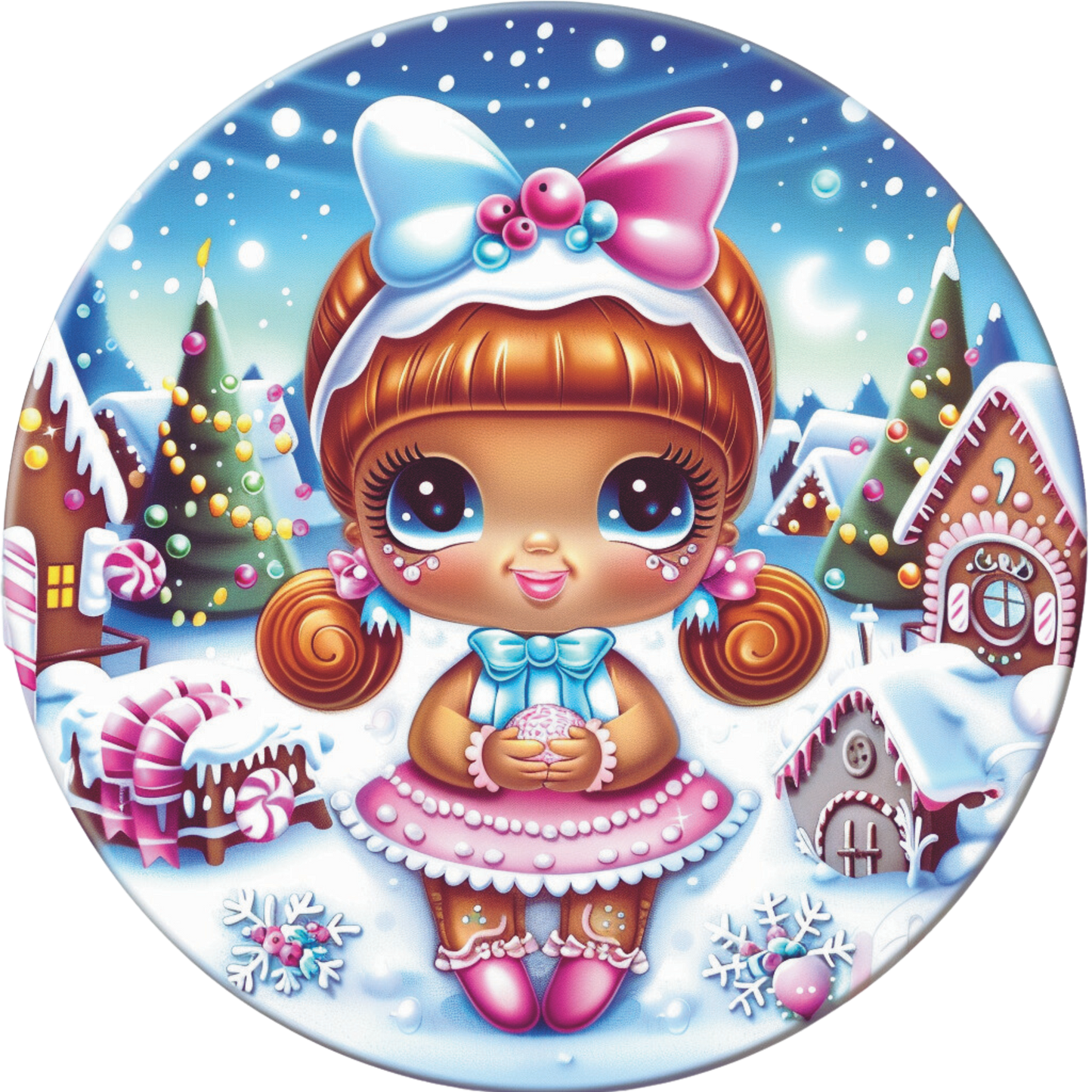 Gingerbread girl with Pink and blue bow candy theme Round Sign