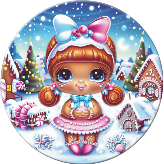 Gingerbread girl with Pink and blue bow candy theme Round Sign