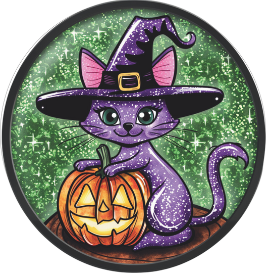 Halloween Purple glitter Cat on green glitter background Sign Round