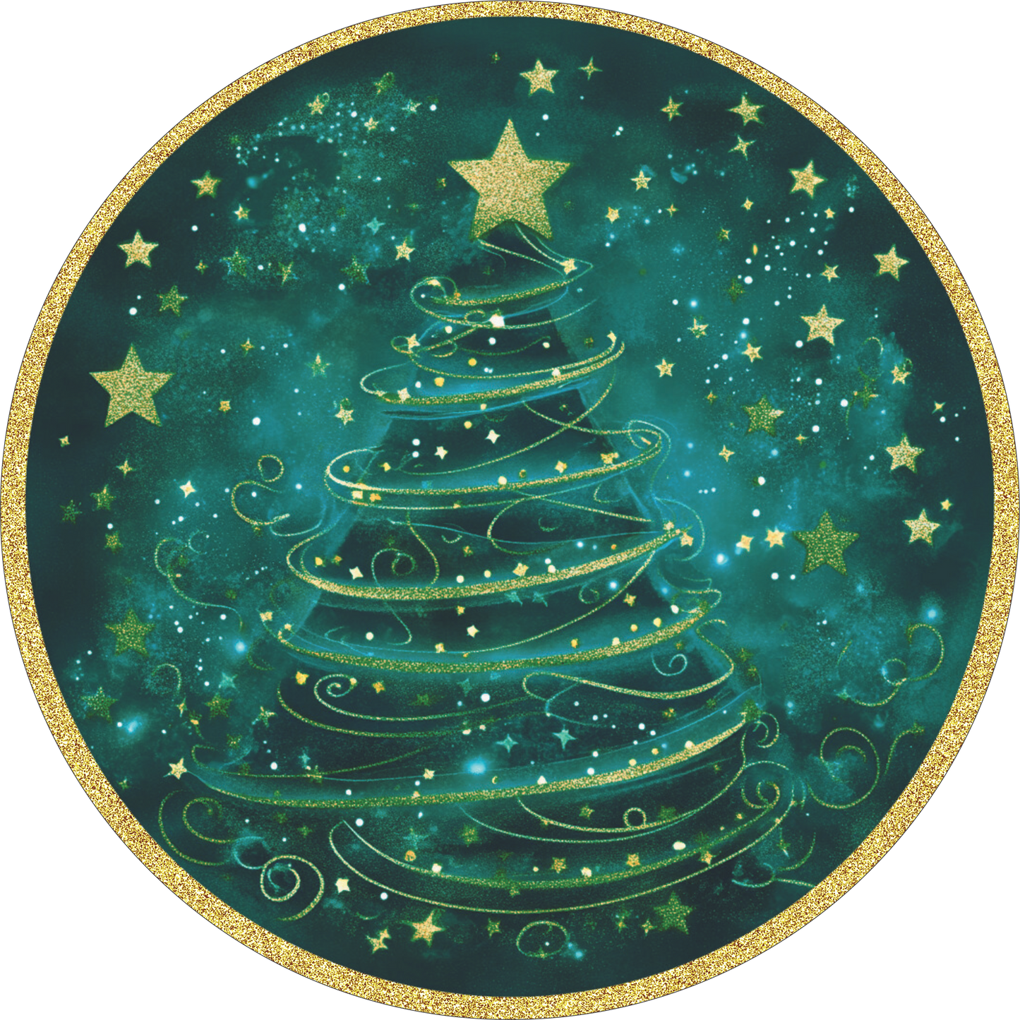 Green and Gold Christmas trees with stars wreath Sign Round