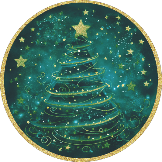 Green and Gold Christmas trees with stars wreath Sign Round