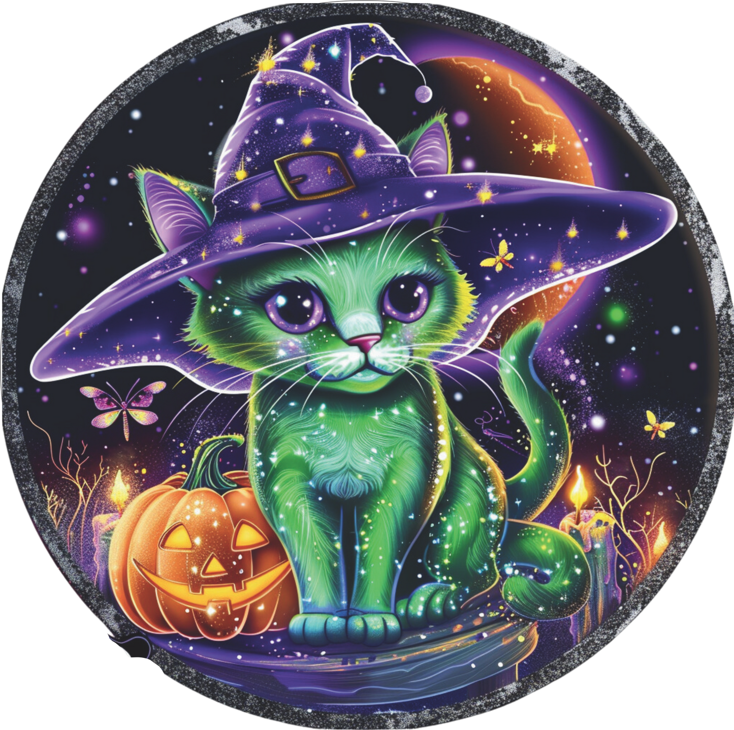 Halloween Green Cat on purple hat Sign Round