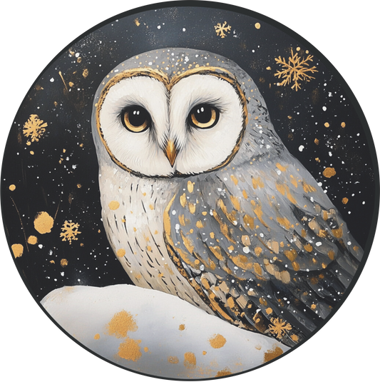 Grey Owl in snow Round Sign