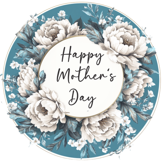 Happy Mother's Day Blue with White and Grey Flowers Round