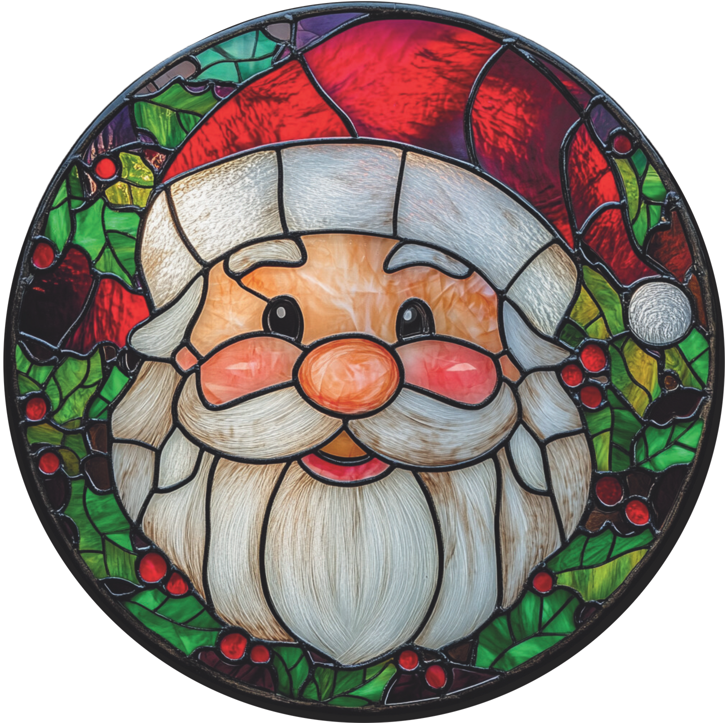 Happy Santa surrounded by berries Faux Stained Glass Round Sign