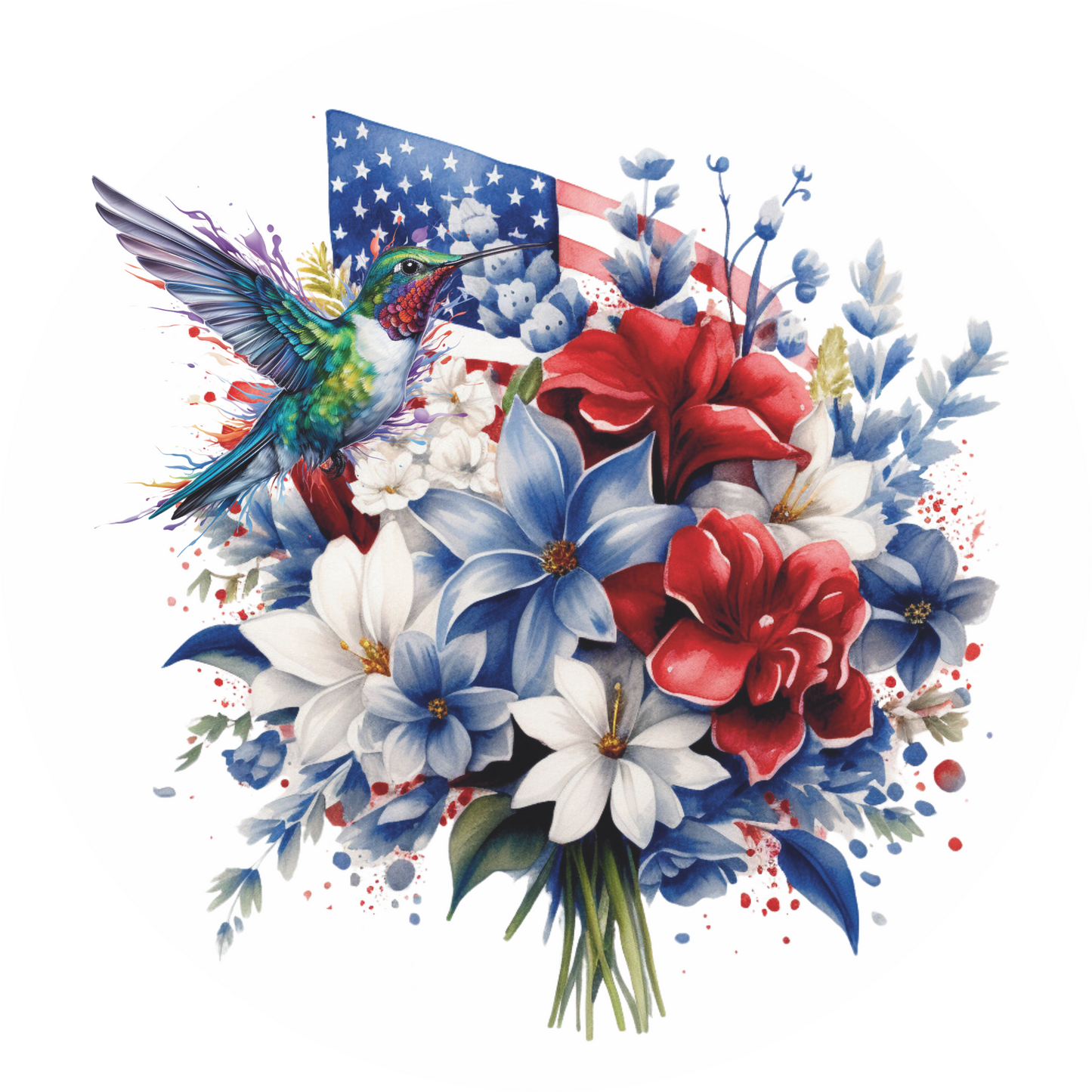 Hummingbird Red white and blue florals with flag  Round