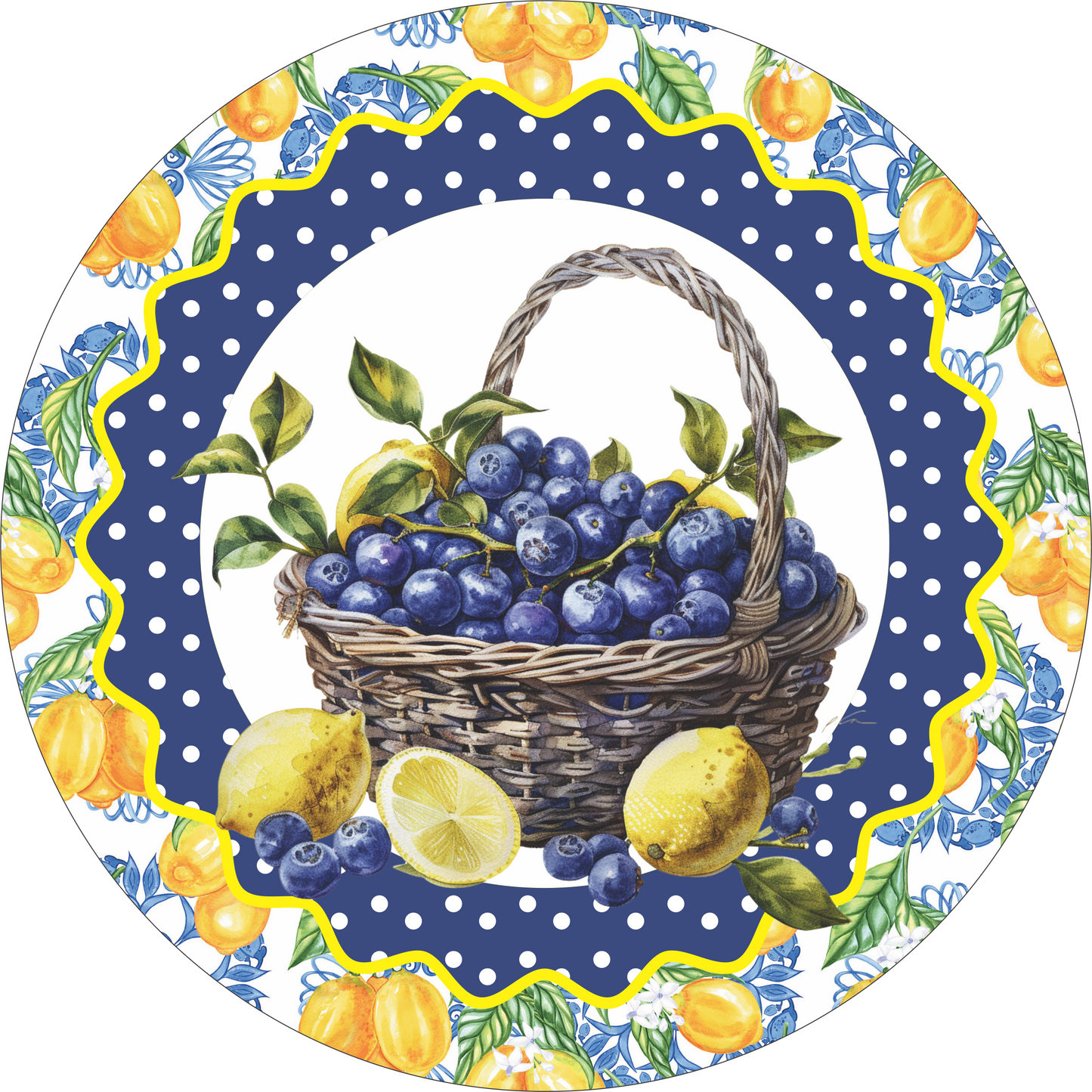 Lemons and blueberries in a basket round