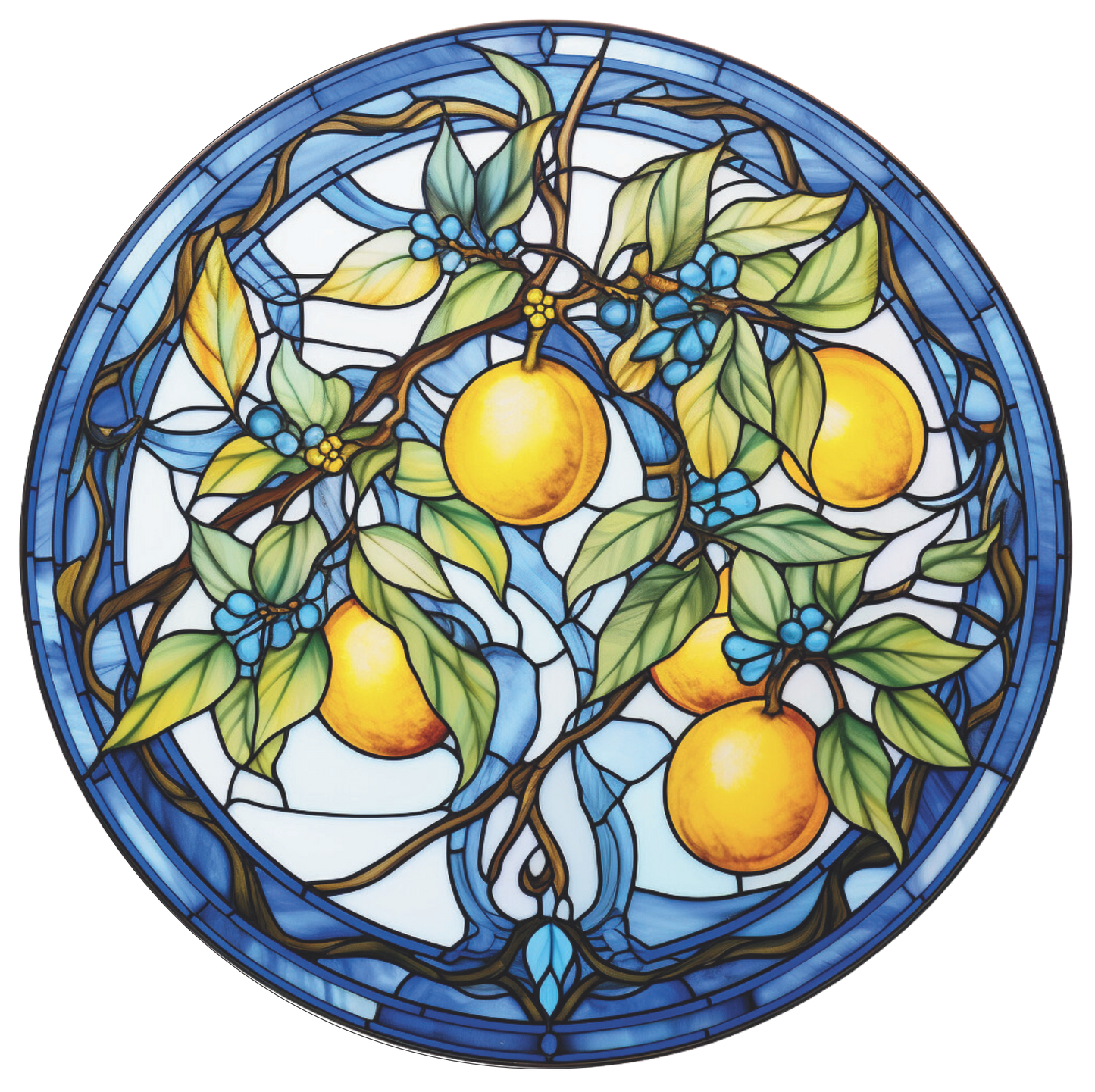Lemons with blue and green Faux Stained Glass Look Wreath Sign Round