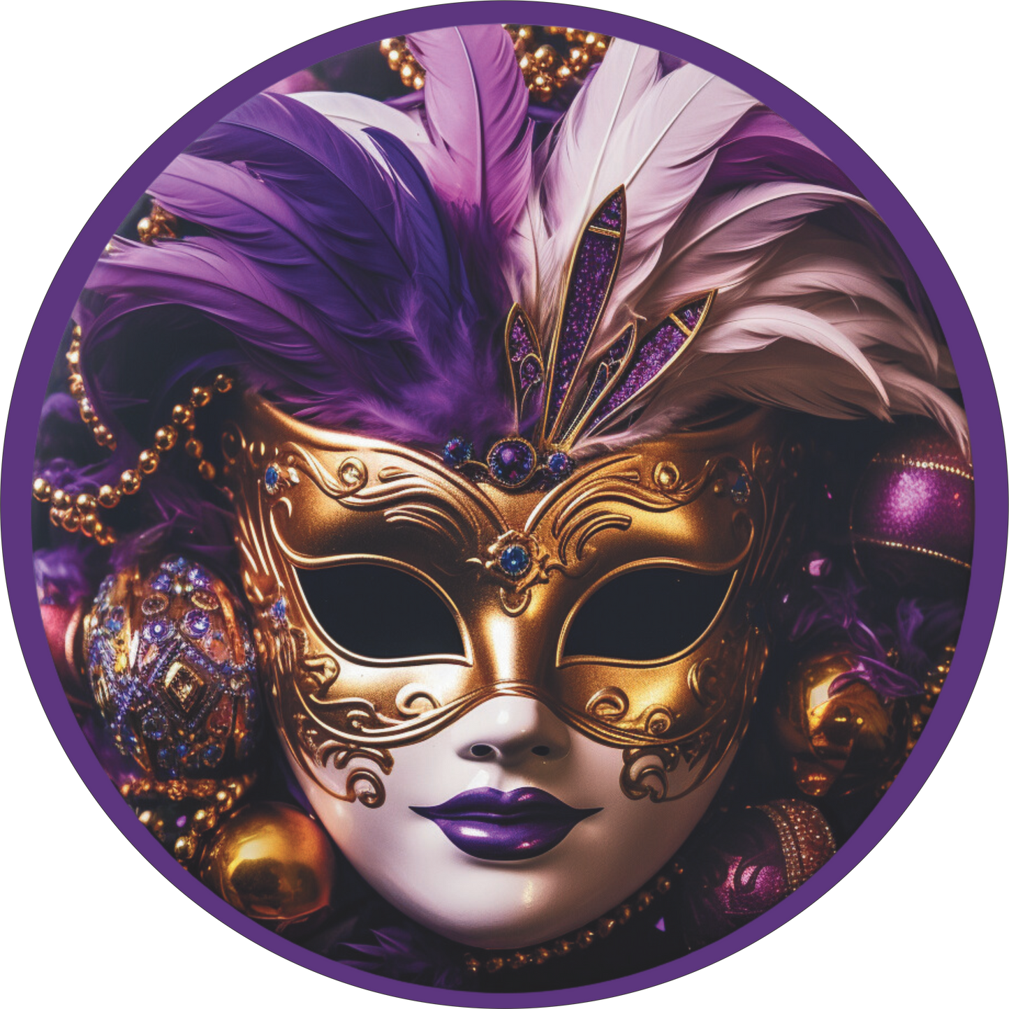 Mardi Gras Mask Purple and Gold Round