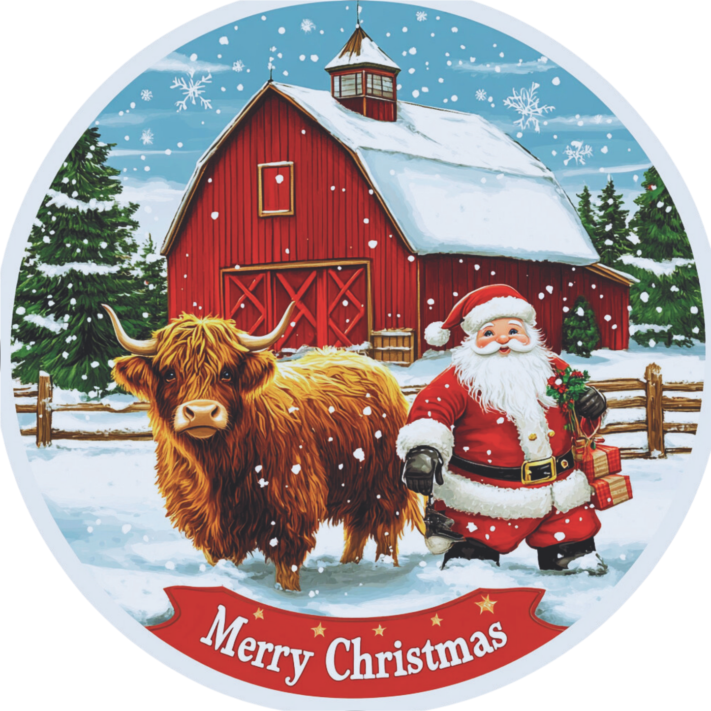 Merry Christmas Santa and highland cow in front of a red barn wreath Sign Round