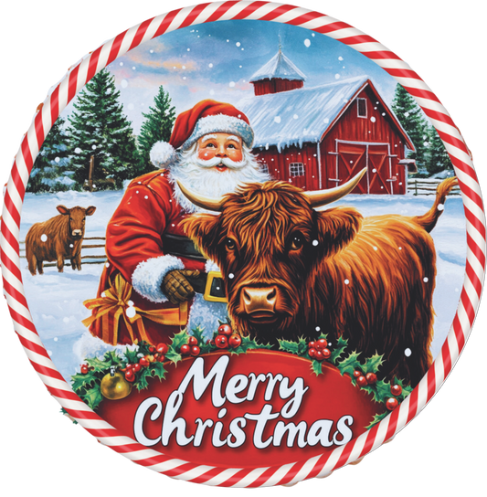 Santa and his highland cow wreath Sign Round