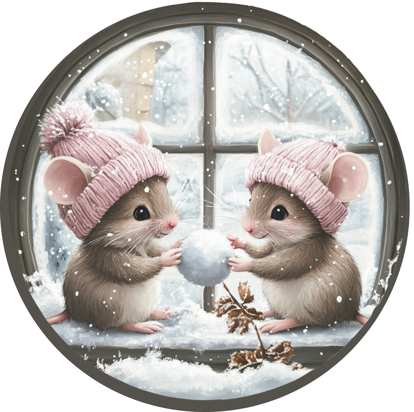 Mice in Snow Pink Hat Round Sign