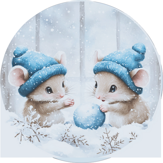 Mice in Snow Blue Hat Round Sign