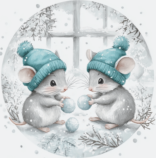 Mice in Snow Teal Hat Round Sign