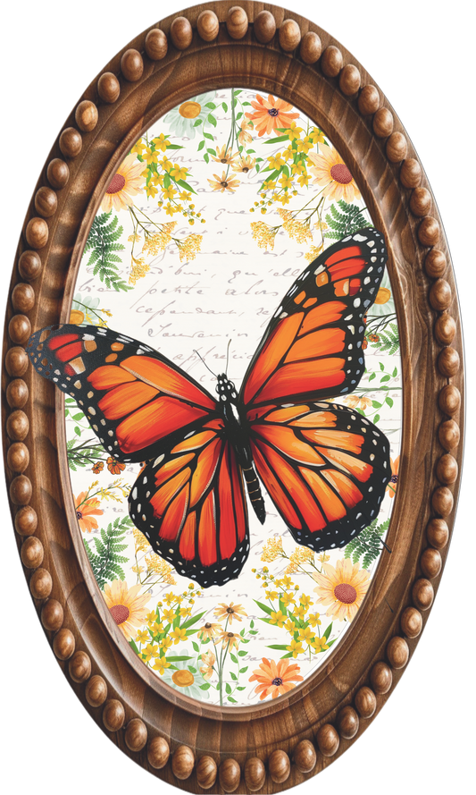 Monarch butterfly in a wood bead frame dark sign Oval